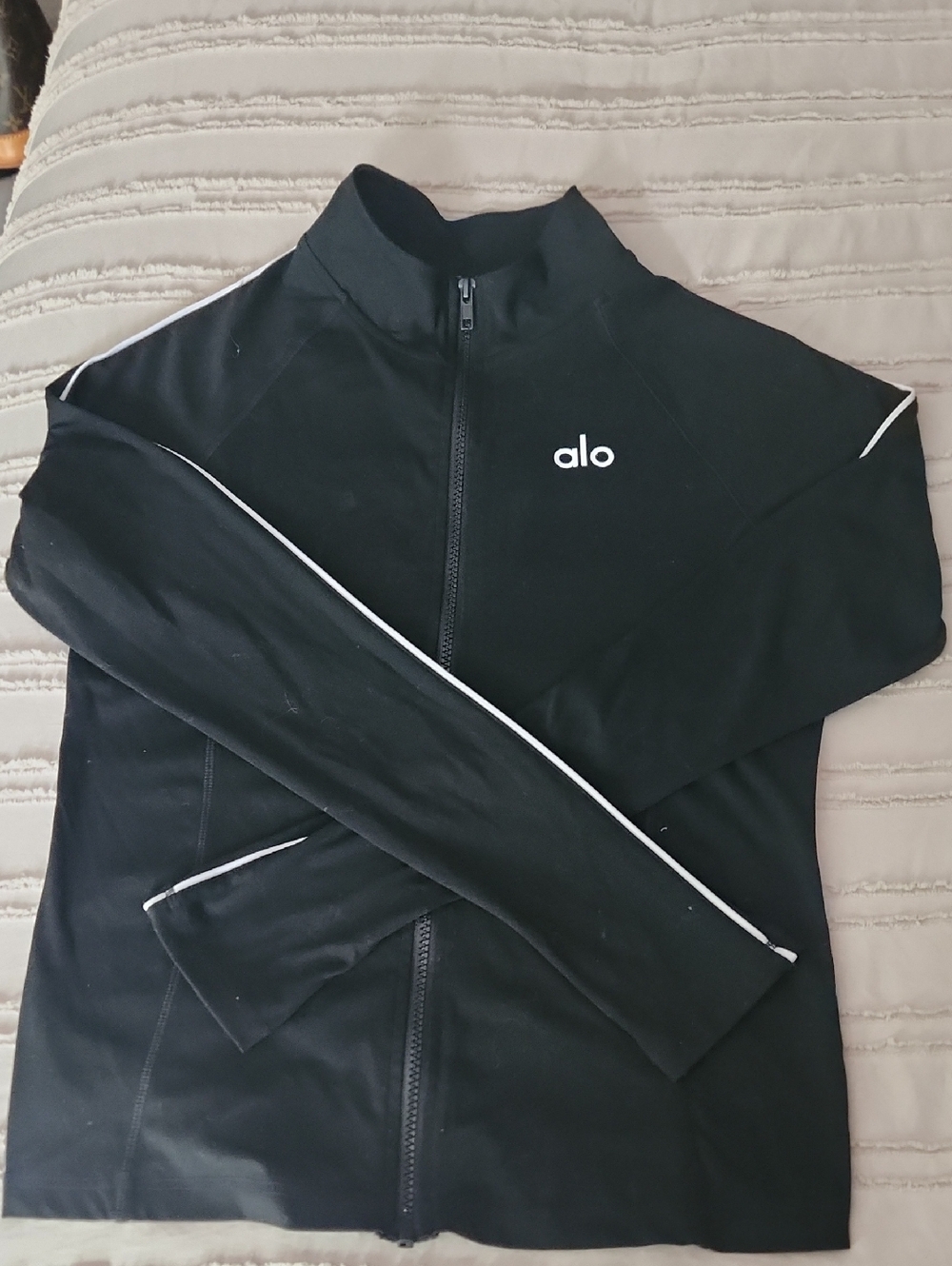 Black Zip-Up Athletic Jacket with White Piping